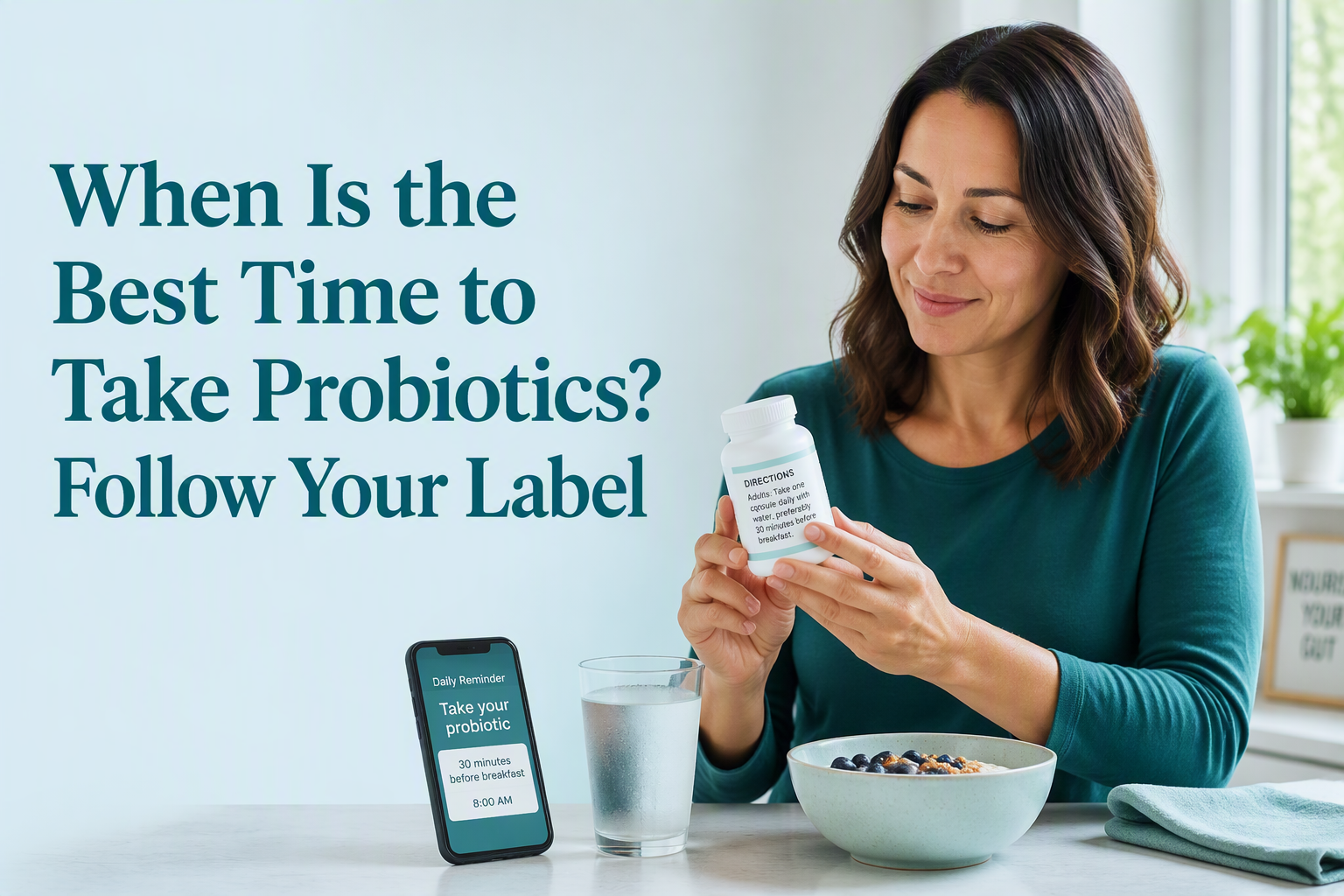 When is the best time to take probiotics? Label, meal, and water beside a probiotic bottle