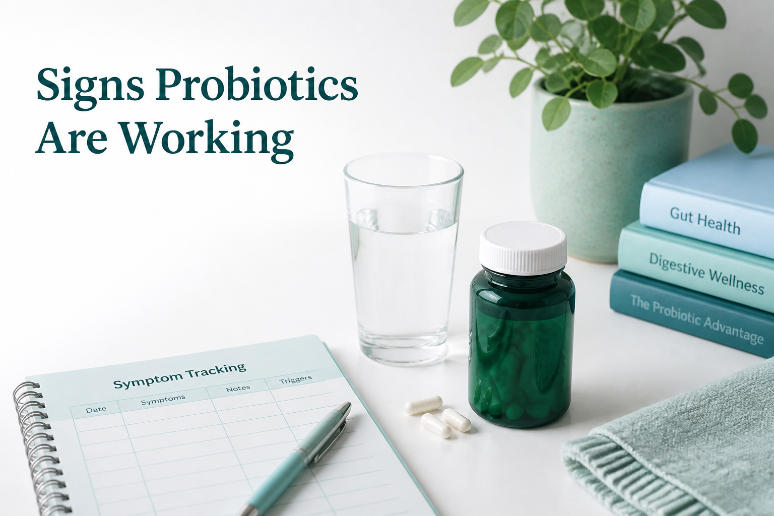 Signs probiotics are working: probiotic bottle, symptom journal, and digestive health tracking