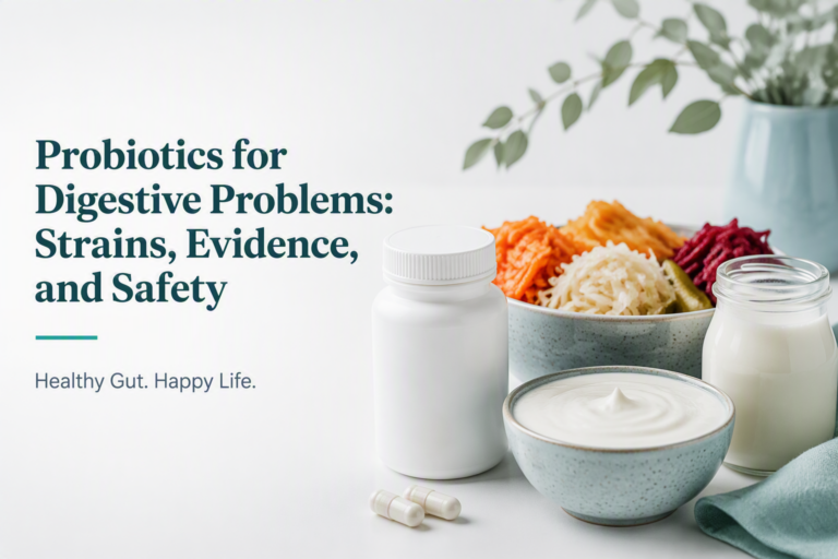 Probiotics for digestive problems with supplements, fermented foods, strains, evidence, and safety