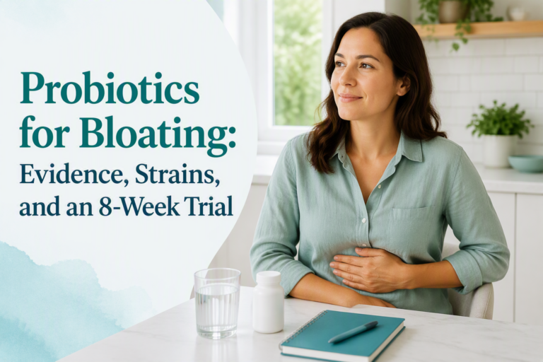 Probiotics for bloating, probiotic bottle, and symptom journal on a kitchen table