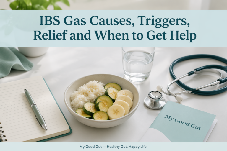 Cover image: IBS Gas Causes, Triggers, Relief and When to Get Help title on a calm My Good Gut flat-lay