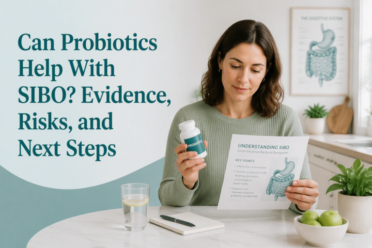 Can probiotics help with SIBO? Adult reviewing probiotic evidence and digestive health information
