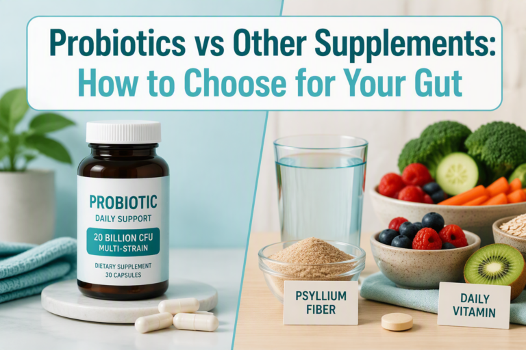 Probiotics vs other supplements with fiber, vitamins, and gut health foods