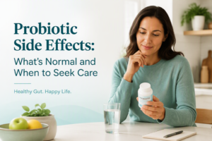 Probiotic side effects guide with supplement, digestive health setting, and warning signs for care