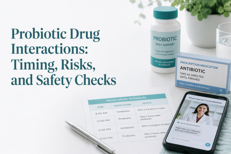 Probiotic drug interactions, medication timing, and safety checks on a clean health desk