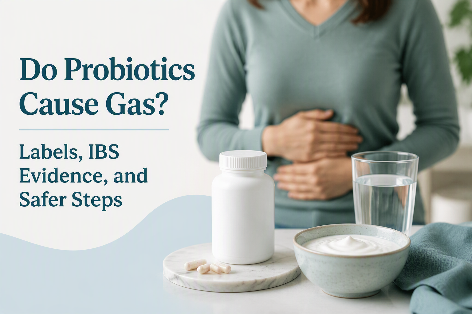 Probiotic supplement and digestive discomfort guide about gas, IBS evidence, labels, and safer steps