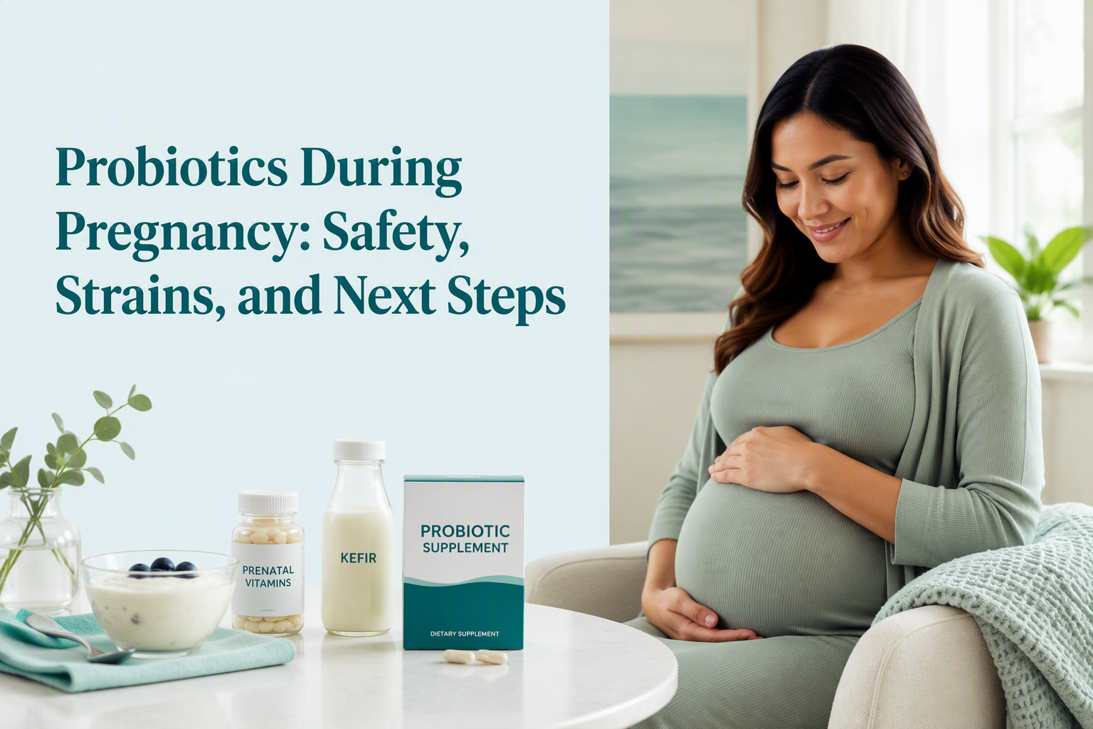 Probiotics during pregnancy with yogurt, kefir, and supplement label