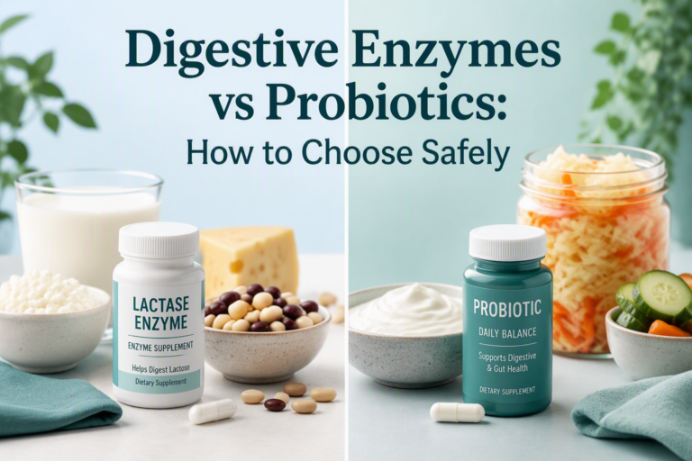 Digestive enzymes vs probiotics comparison with dairy, beans, yogurt, and probiotic capsules