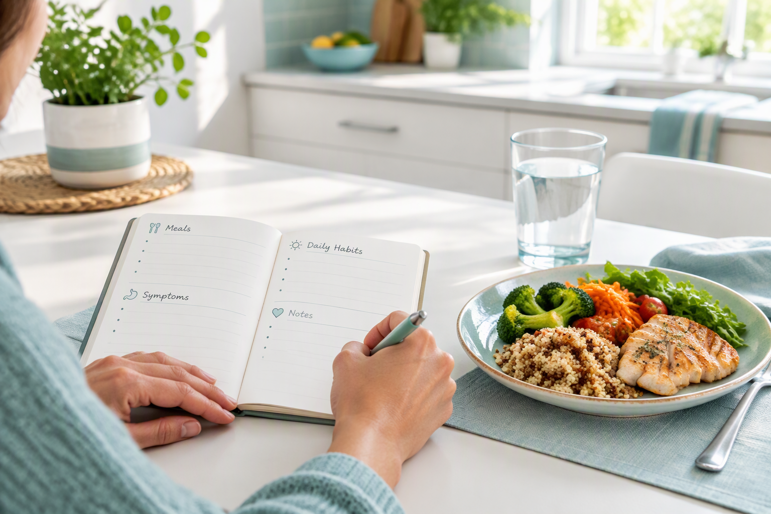 Food and symptom journal beside a balanced meal for managing gastrointestinal disorders