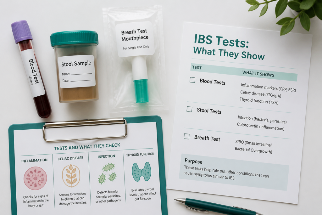 A flat lay of IBS test materials, including a blood sample, stool sample, breath test kit, and informational sheets detailing IBS diagnosis and explaining what each test checks for.