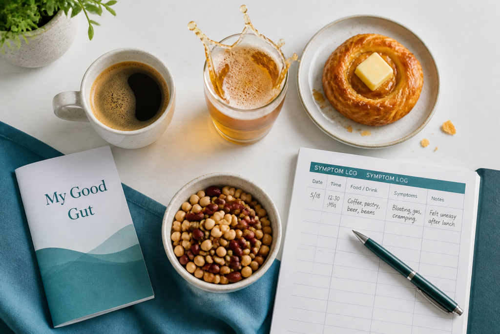 A tabletop scene with coffee, juice, a pastry with butter, a bowl of beans, a “My Good Gut” journal, and an open symptom log with a pen—ready to track what triggers IBS—all on a blue cloth.