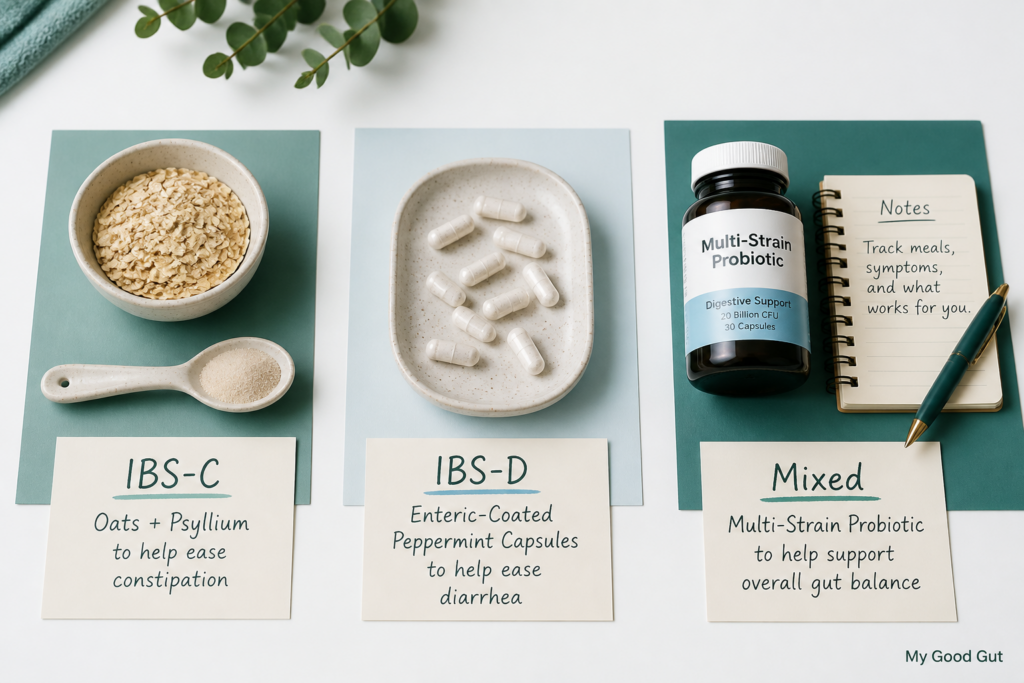 Three cards labeled IBS-C, IBS-D, and Mixed highlight home remedies for IBS: oats and psyllium for constipation, peppermint capsules for diarrhea, and a multi-strain probiotic; a notepad and pen are also included.