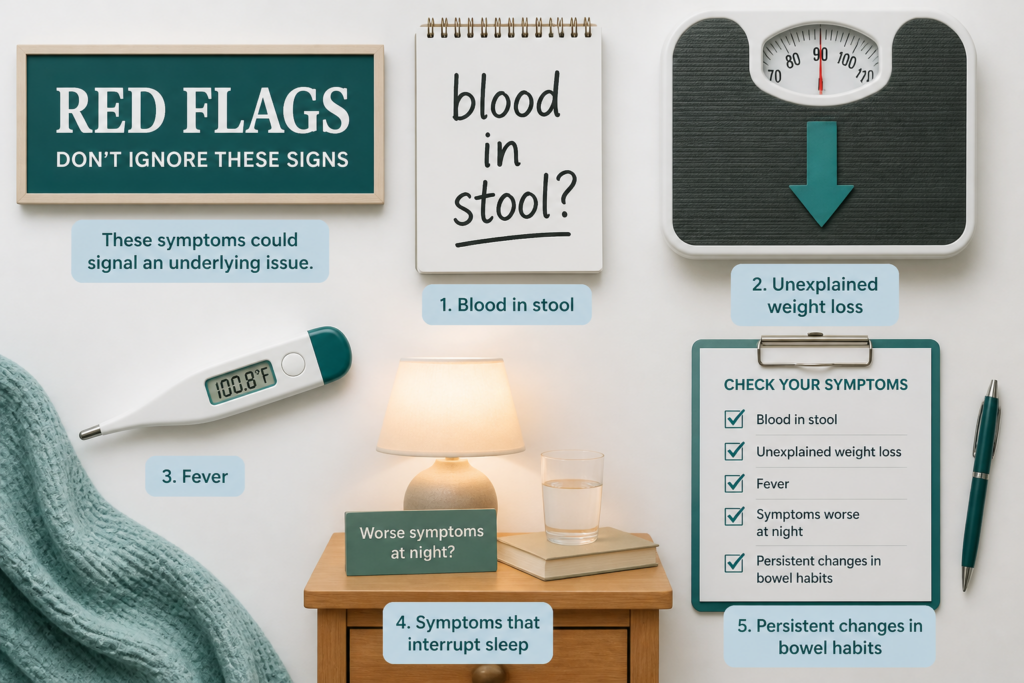 Infographic titled "Red Flags: Don’t Ignore These Signs," highlights IBS red flags—blood in stool, unexplained weight loss, fever, night symptoms, and persistent bowel changes—offering a checklist to help you know when to seek medical care for irritable bowel syndrome.
