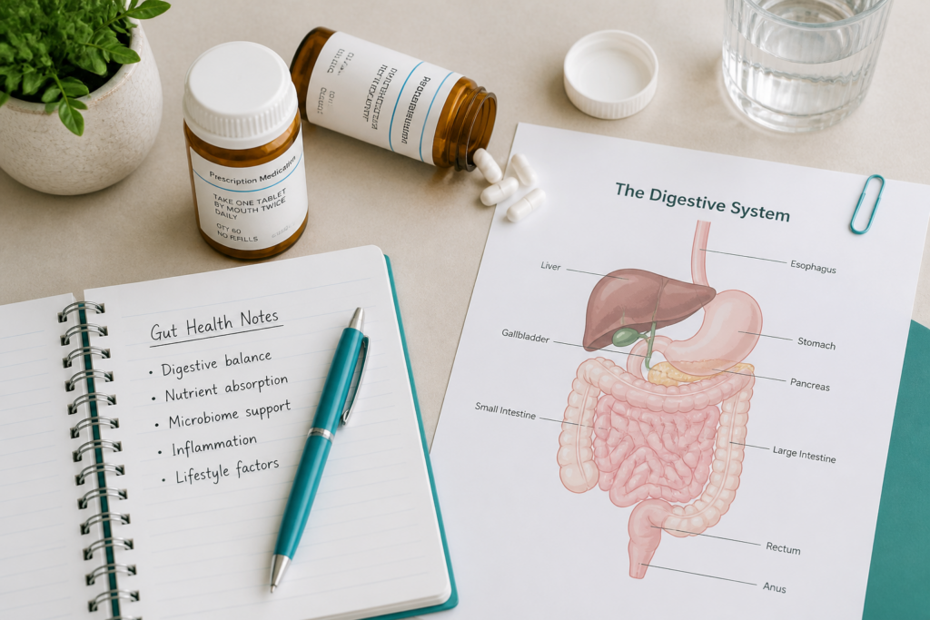 A desk scene with a digestive system diagram, two prescription bottles, white capsules—possibly antispasmodic drugs for IBS—a glass of water, a green plant, and an open notebook listing gut health notes as a helpful guide.