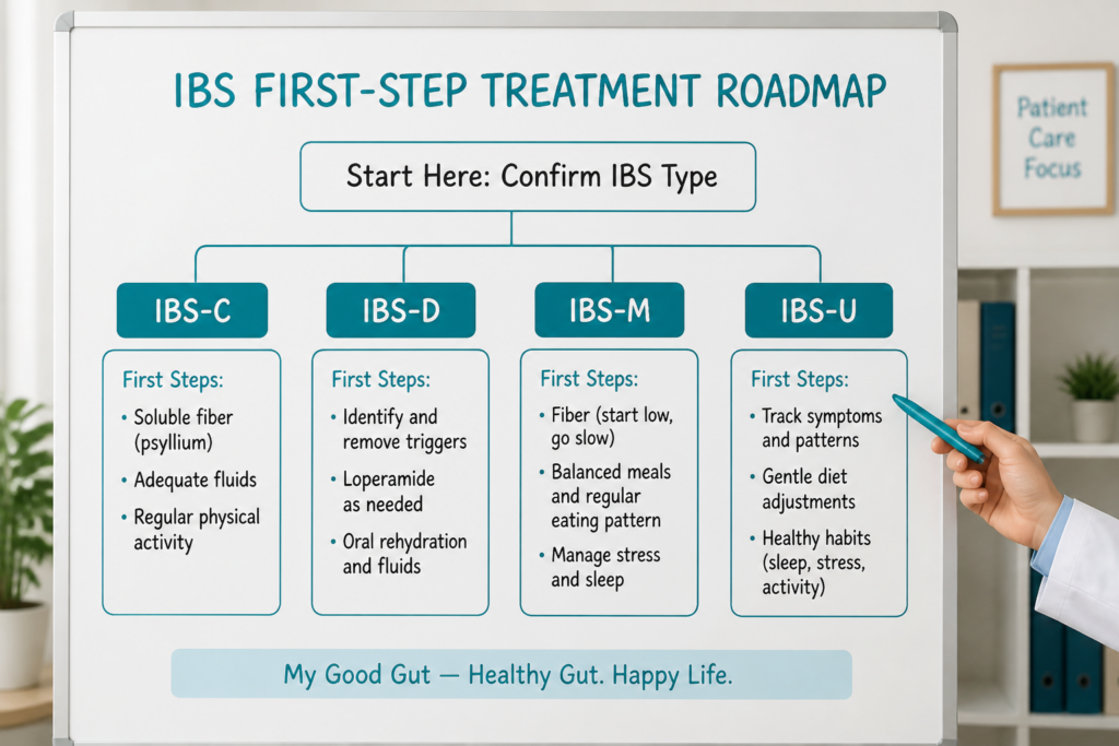 A whiteboard displays an IBS comparison guide with sections for IBS subtypes—IBS-C, IBS-D, IBS-M, and IBS-U—outlining first steps and strategies for each. A person points to the IBS-U section.