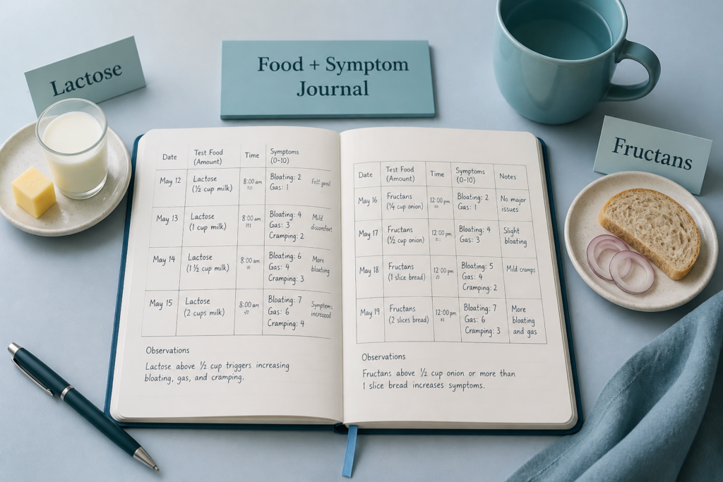 An open IBS-D food and symptom journal on a table, surrounded by a cup of tea, a glass of milk, butter, bread with onions, and cards labeled "Lactose" and "Fructans," offering insights for managing an IBS-D diet.