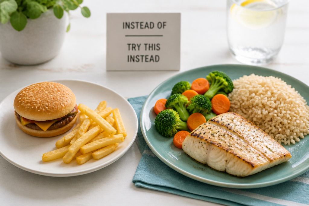 A plate with a cheeseburger and fries sits next to another plate with grilled fish, brown rice, and steamed vegetables—perfect examples of what to eat to help manage IBS flare-ups. The signs suggest choosing the healthier meal for better IBS diet choices.