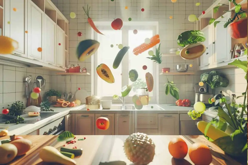 A kitchen full of fruits and vegetables floating in the air, creating a vibrant and lively atmosphere.