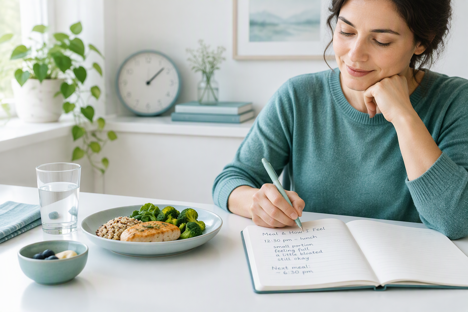 Meal journal and clock illustrating gastroparesis vomiting hours after eating