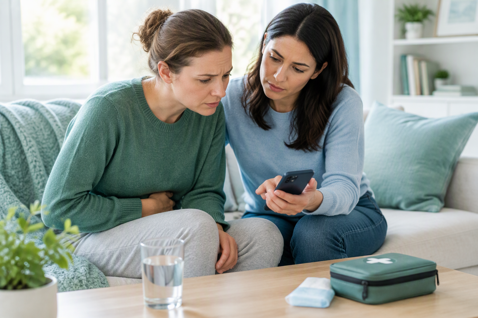 Companion helping an adult seek emergency care for persistent vomiting warning signs