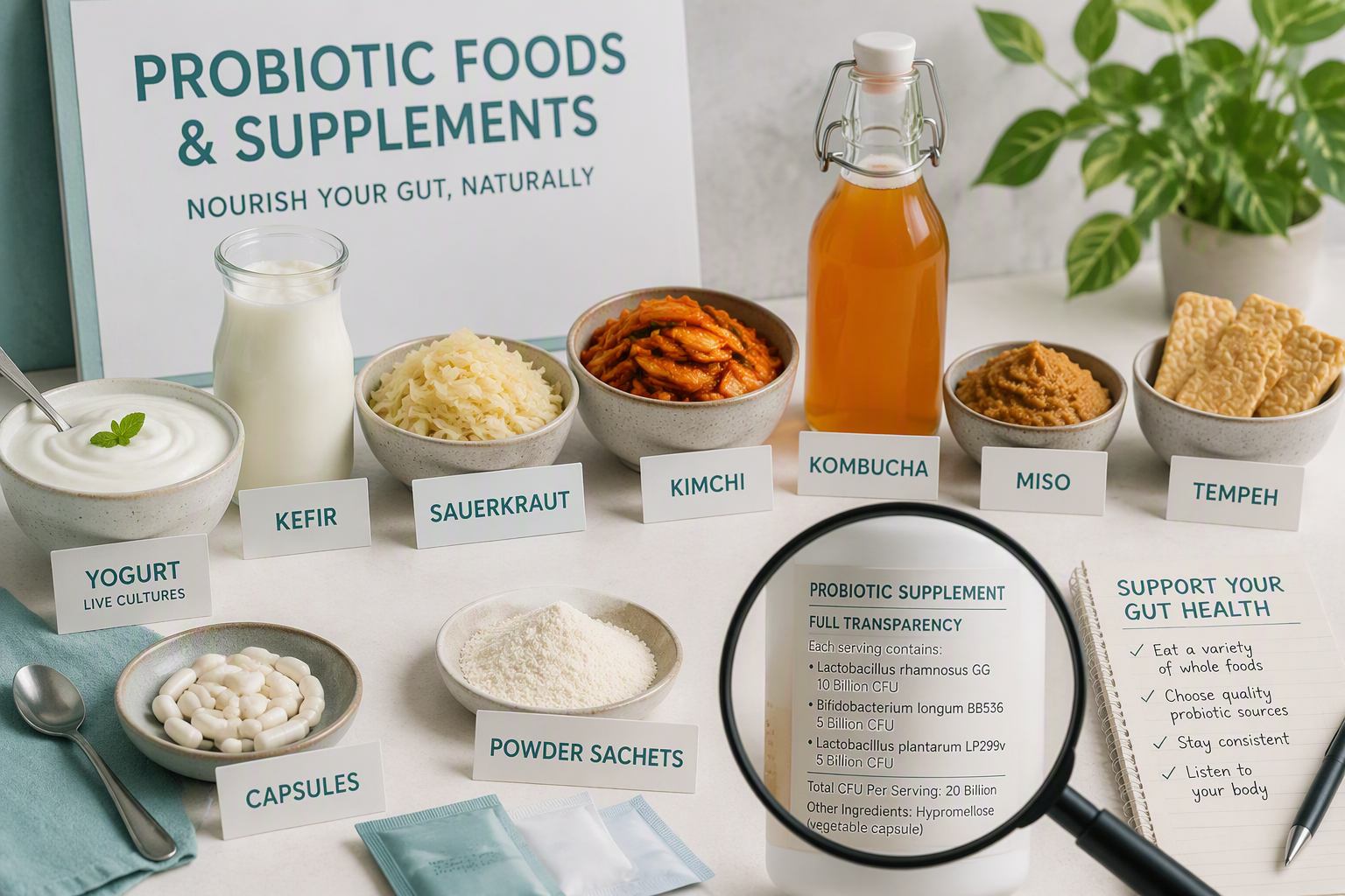 Probiotic foods and supplements including yogurt, kefir, kimchi, and strain labels