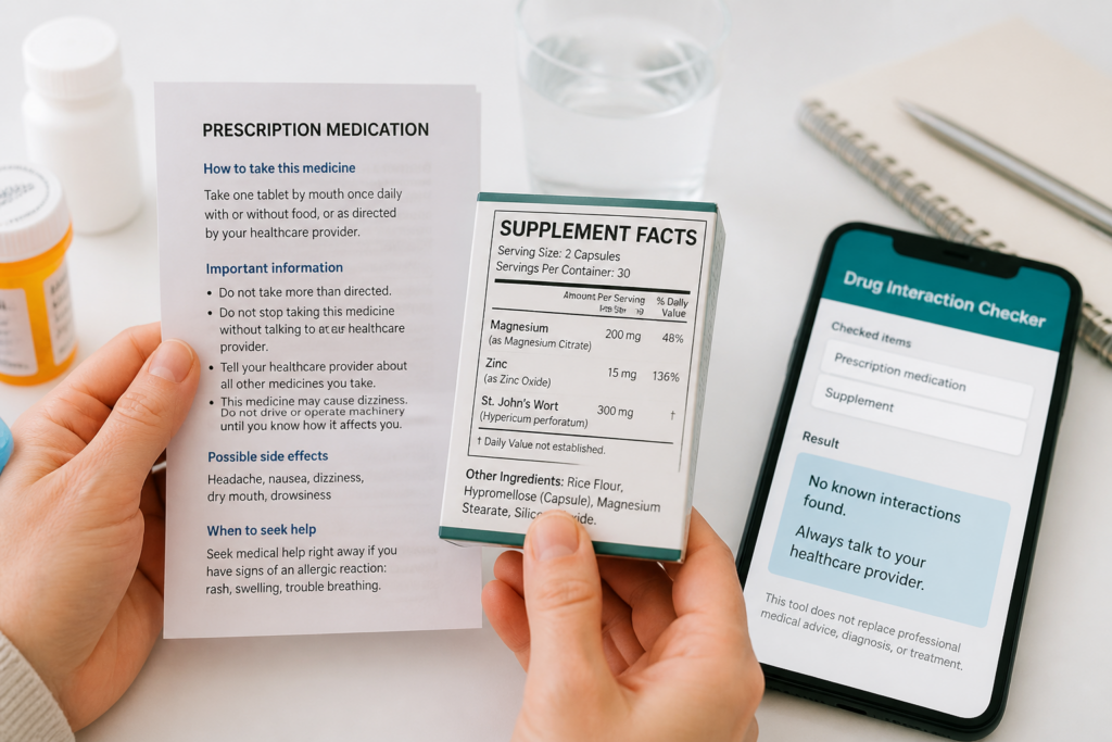 A person holds a medication information leaflet and a supplement facts label for IBS supplements, with a smartphone displaying a drug interaction checker app and pill bottles on a table in the background.