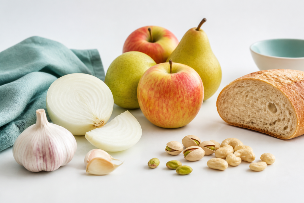 A variety of low FODMAP foods on a white surface—perfect for an IBS diet—including apples, pears, a sliced onion, garlic, nuts, bread, and a green napkin, with a bowl in the background. Great for managing IBS flare-ups and knowing what to eat.