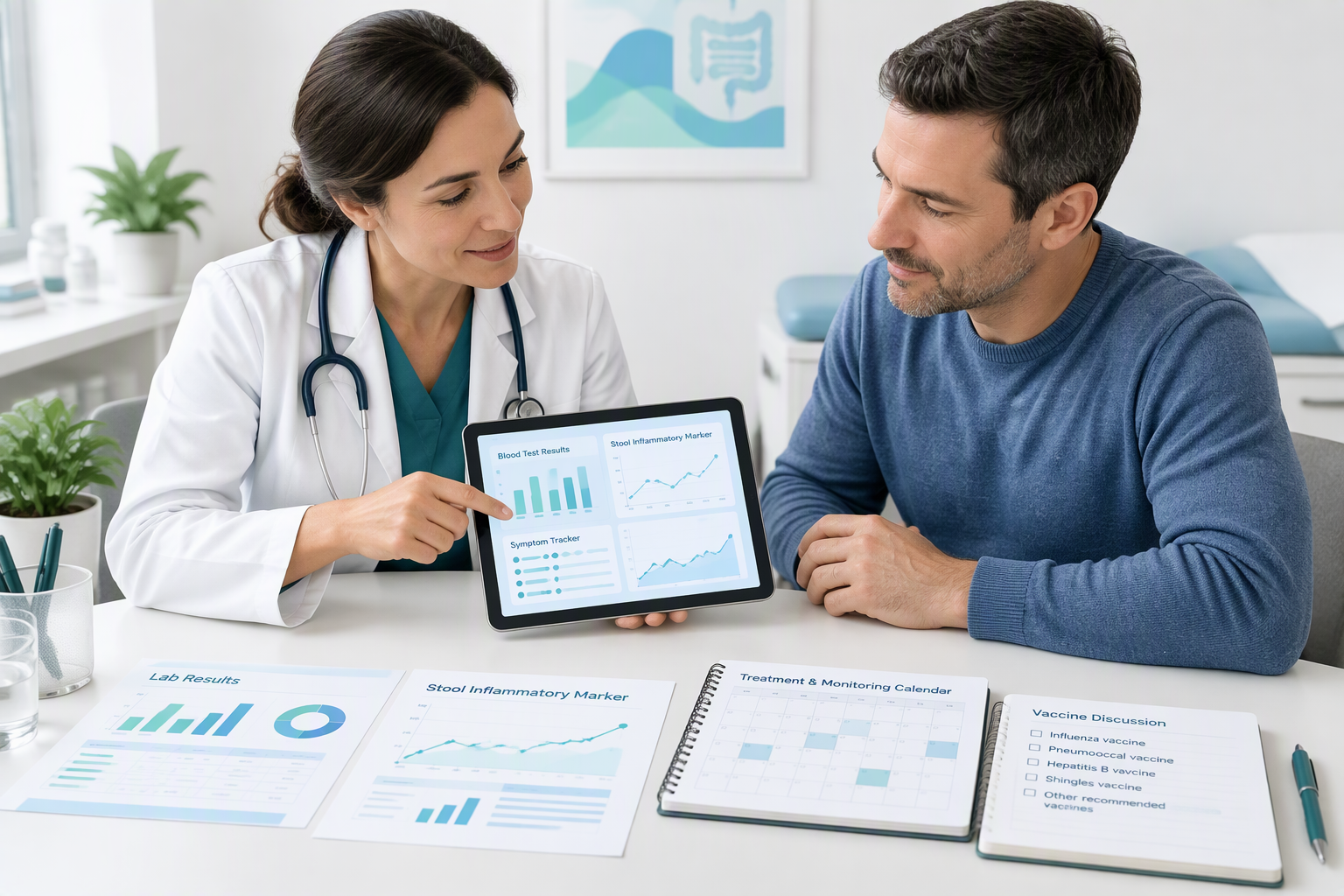 IBD treatment monitoring with blood tests, stool markers, imaging, and symptom tracking