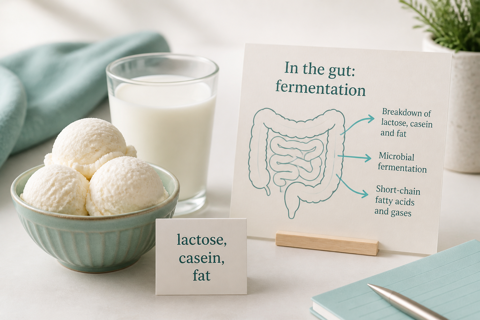 Dairy items beside a simple gut diagram showing lactose, casein, and fat links to IBS