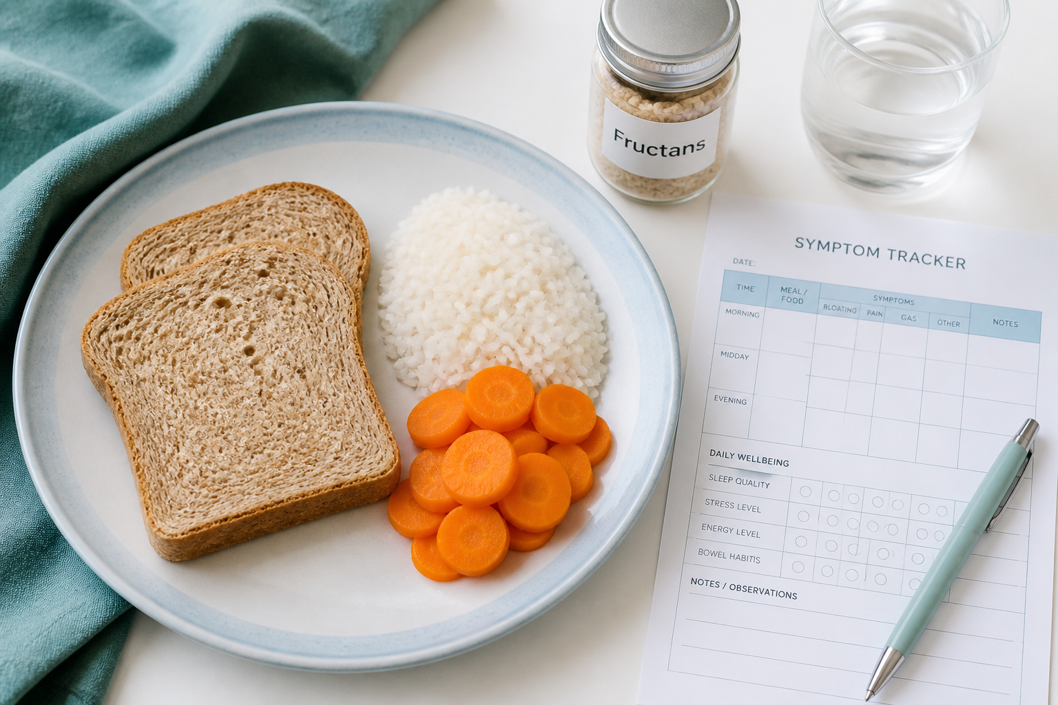 Top-down plate with wheat bread, low-FODMAP foods and symptom tracker showing IBS and gluten connection