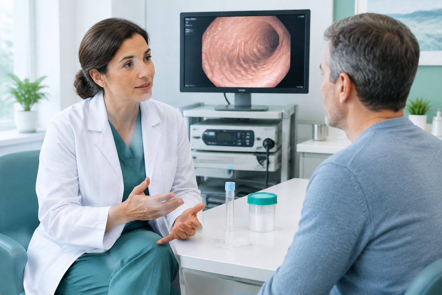 Clinician explaining H. pylori tests and upper endoscopy for peptic ulcer diagnosis