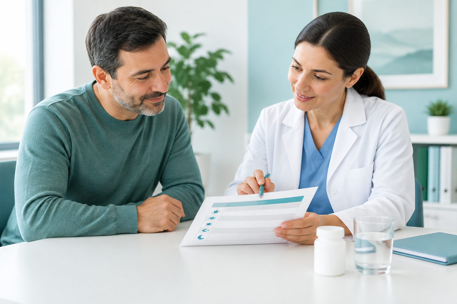 Patient reviewing peptic ulcer treatment and medication changes with a clinician