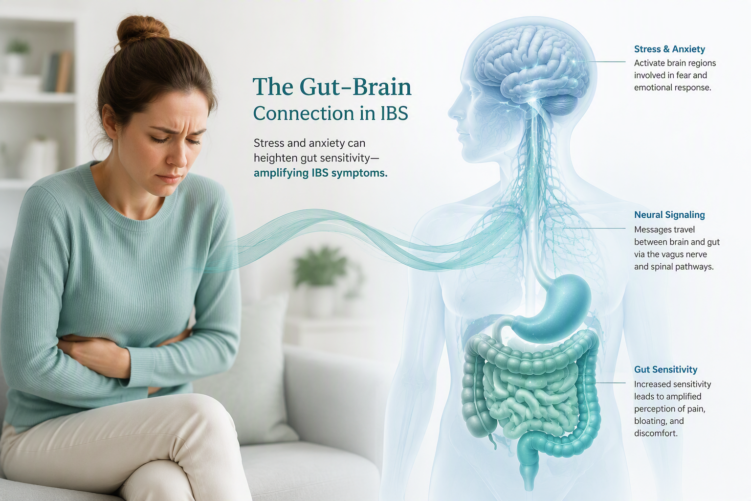 Gut-brain connection showing anxiety and heightened IBS abdominal sensations