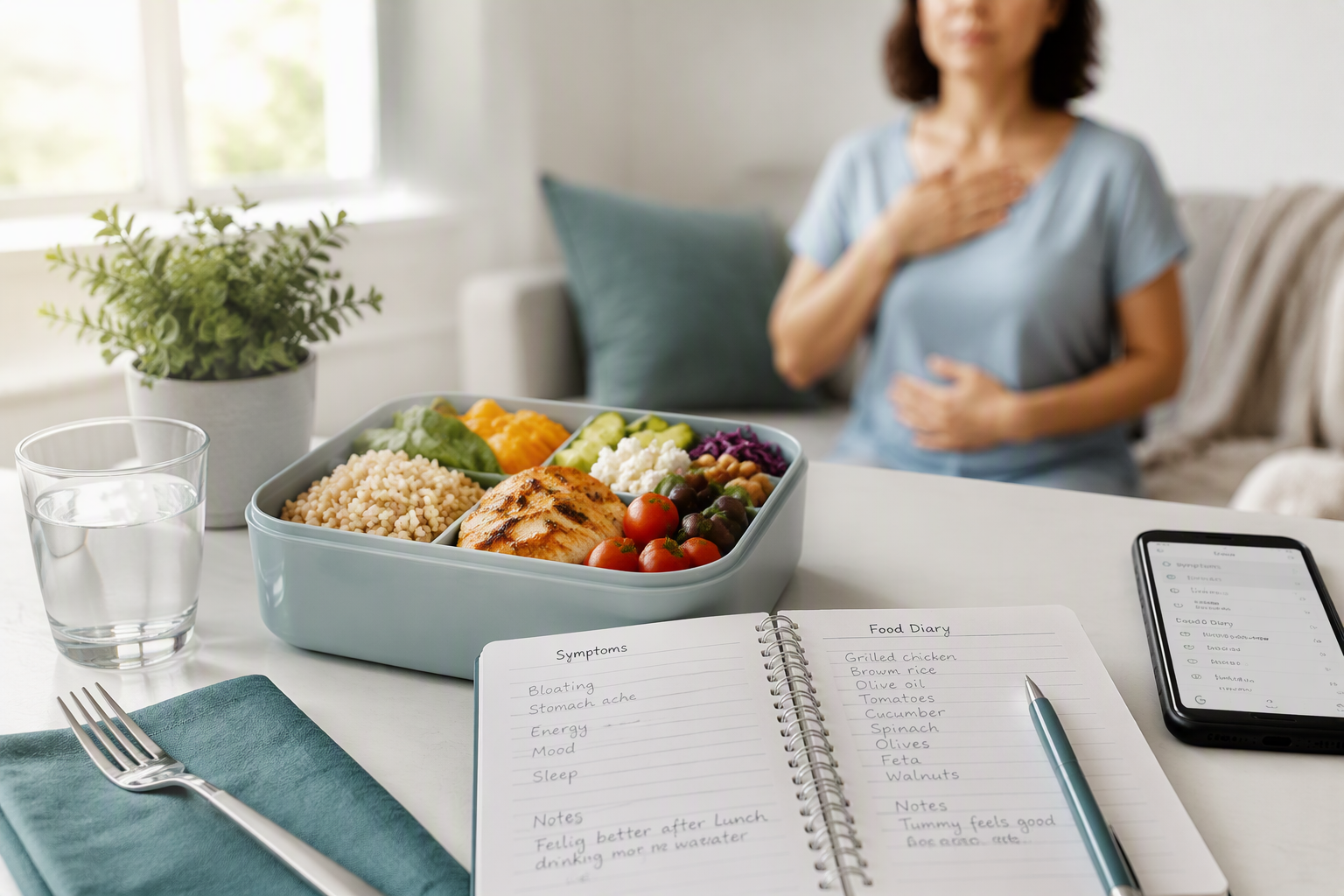 Balanced work lunch, food diary, and stress management tools for IBS symptoms