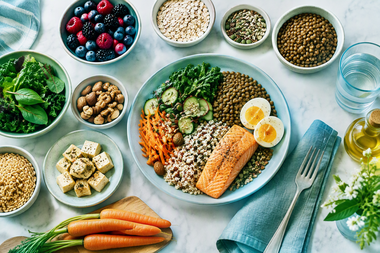 Mediterranean-style foods with fiber and protein for gut health and IBS
