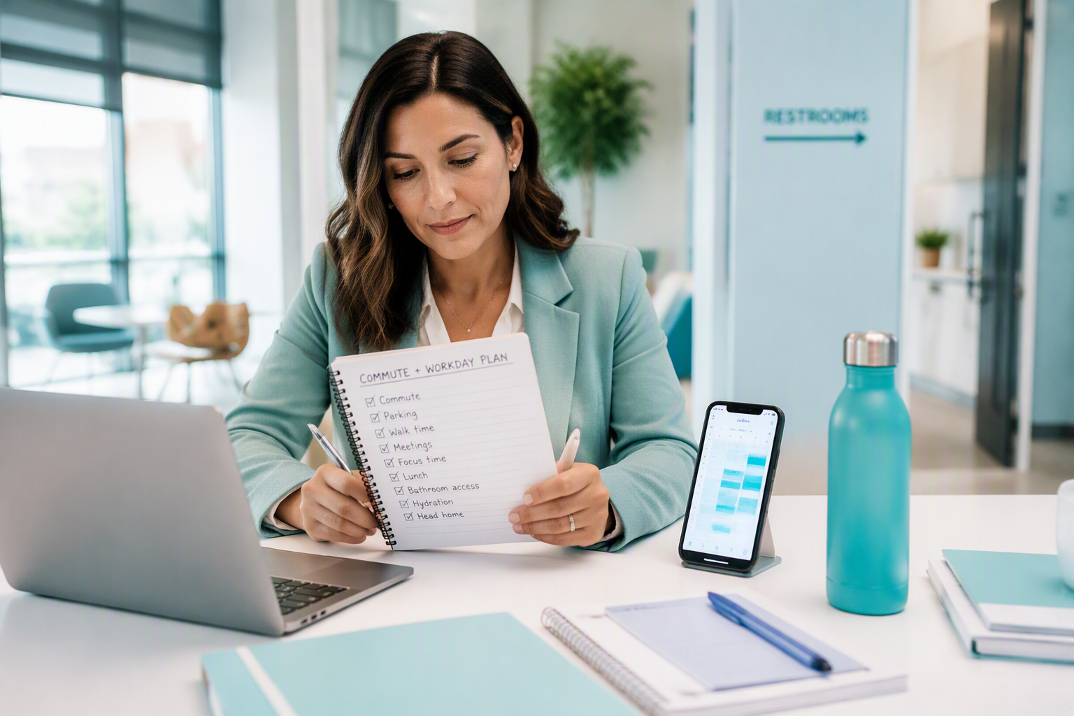 Adult planning an IBS-friendly workday, commute, meetings, and bathroom access