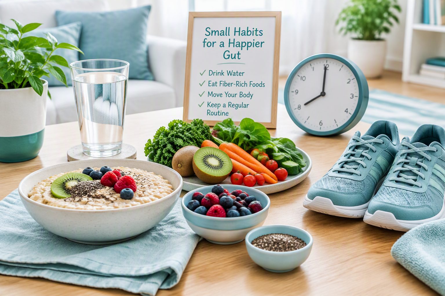 Lifestyle habits for regular bowel movements, fiber, fluids, and gentle movement