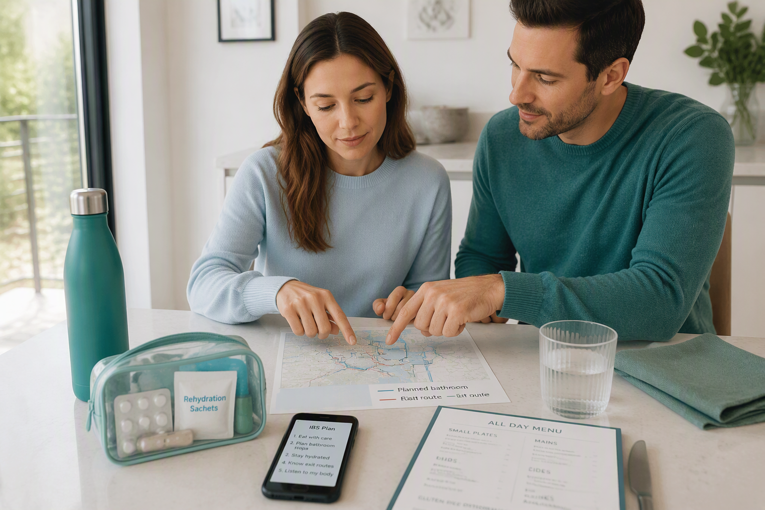 Couple planning bathroom access and practical support for an IBS flare-up