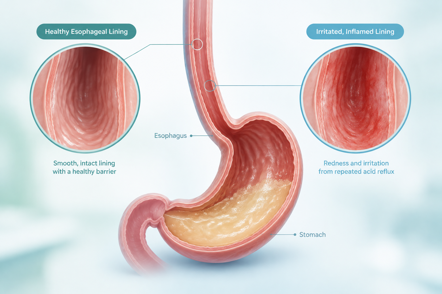 Medical illustration of esophageal damage and inflammation caused by repeated acid reflux
