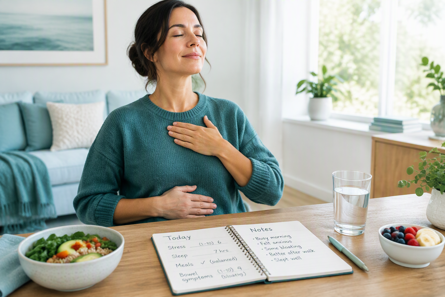 Stress management and digestive symptoms in the gut-brain connection, including IBS and bloating