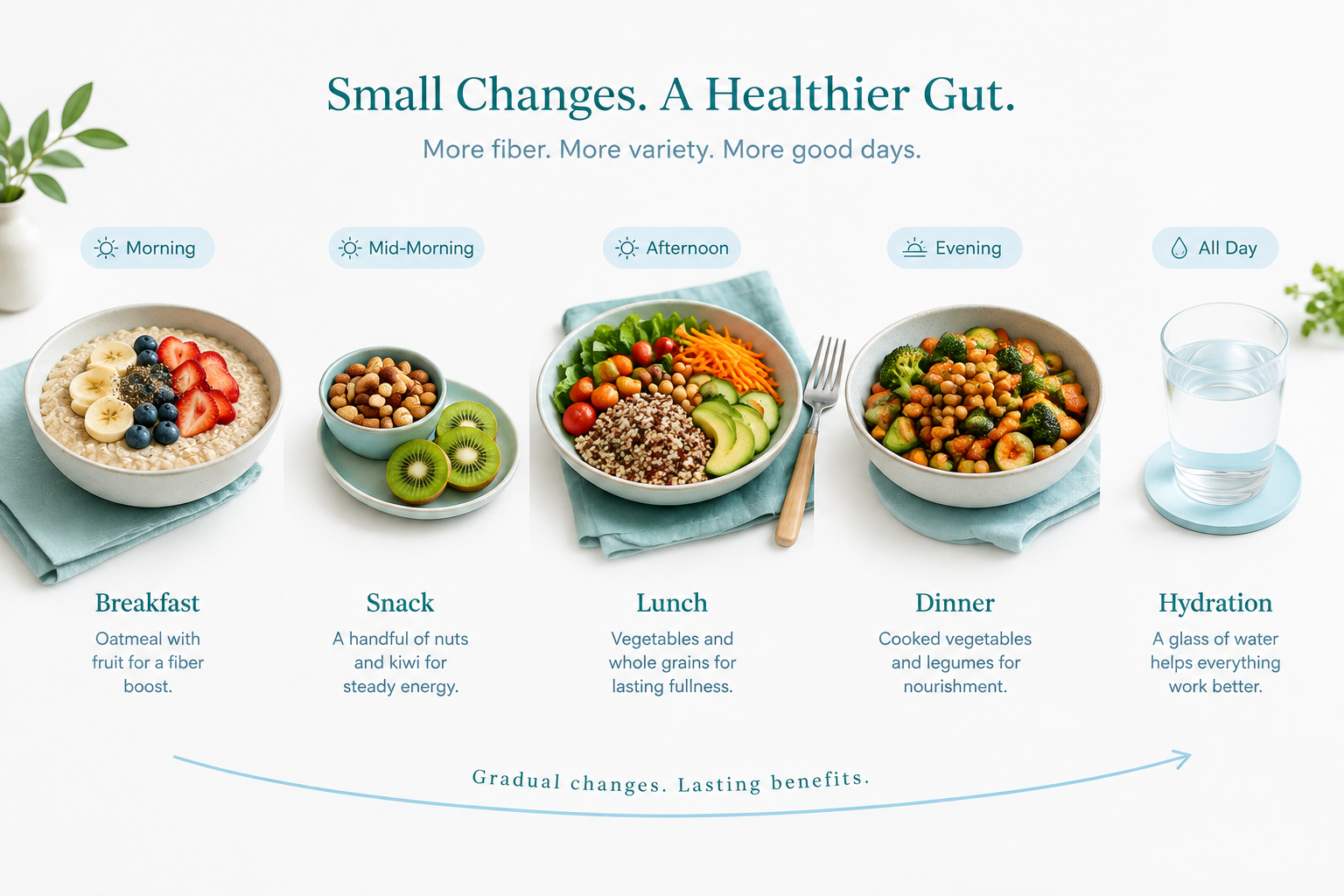 Gradual daily fiber plan with oatmeal, fruit, whole grains, vegetables, legumes, and water