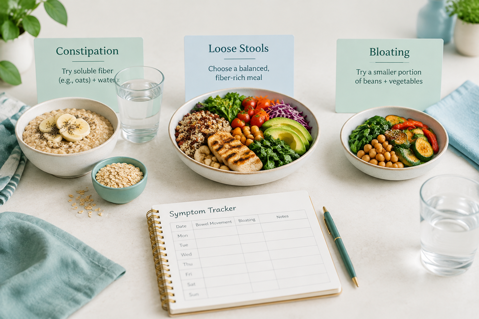 Personalized fiber choices, hydration, and symptom tracking for bloating and constipation