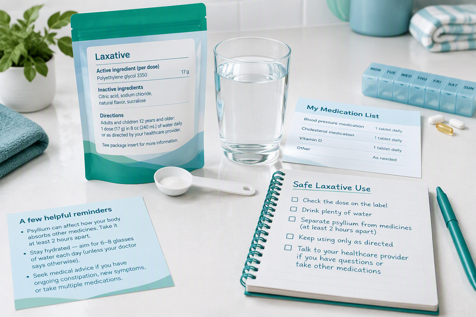 Safe laxative use, dosage checks, hydration, and medication interaction precautions