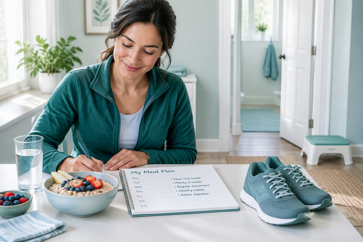 Daily constipation routine with fiber-rich foods, water, walking, and bathroom planning