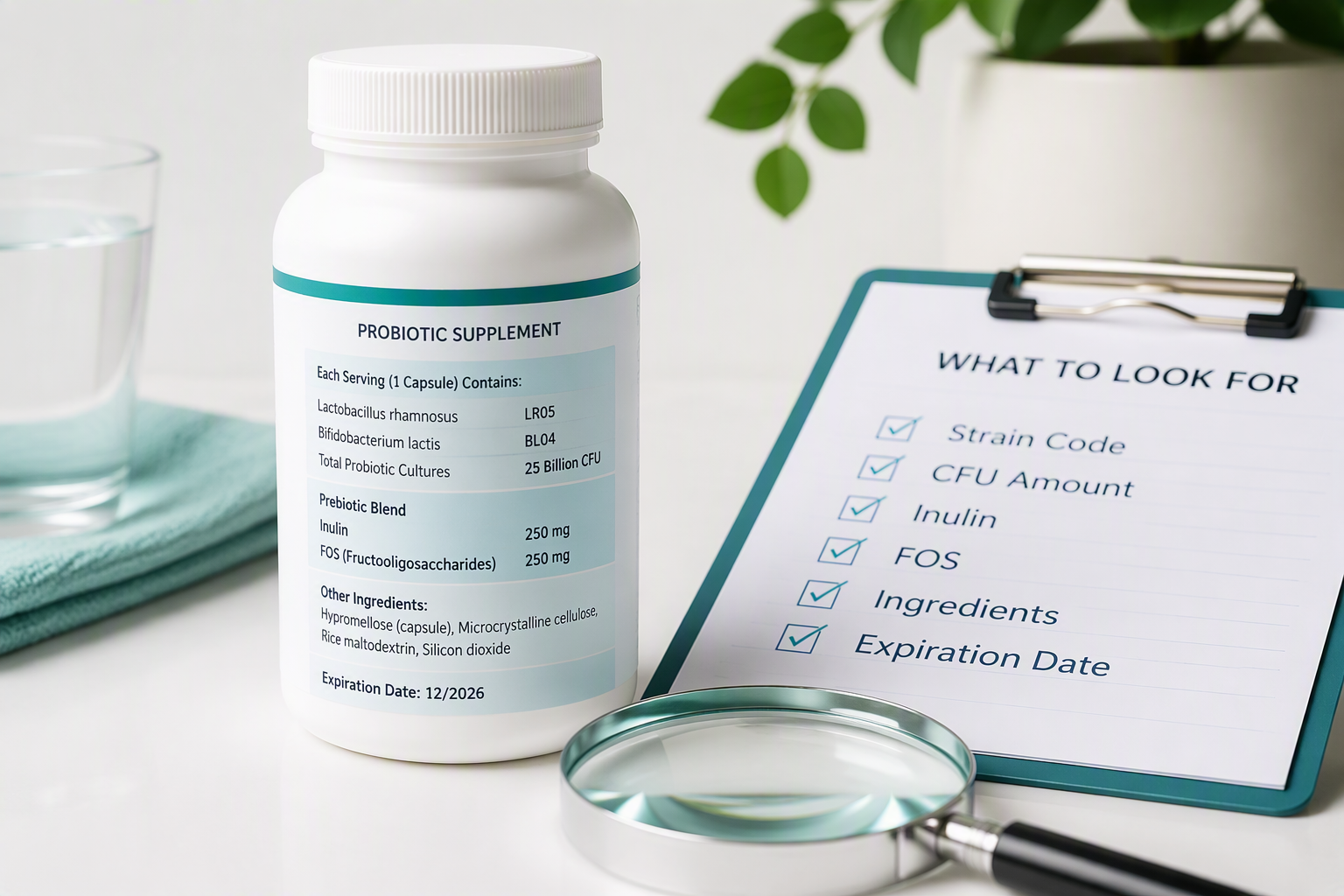 Checking a probiotic label for strain code, CFUs, inulin, FOS, and ingredients