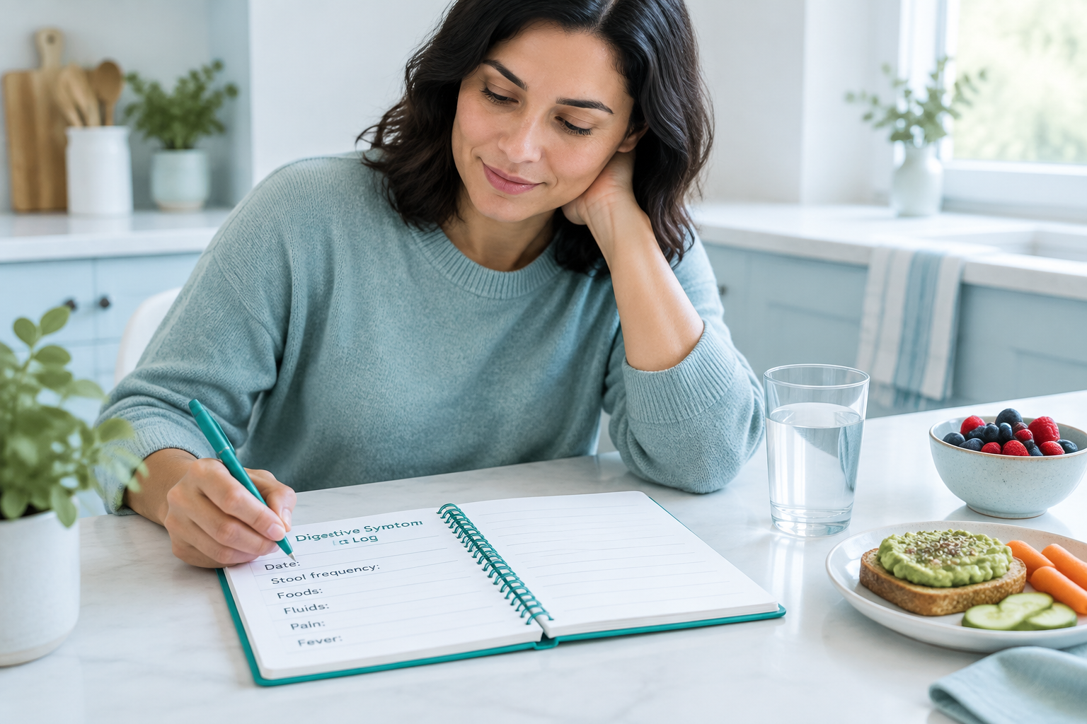Digestive symptom log for tracking yellow diarrhea, foods, fluids, and warning signs