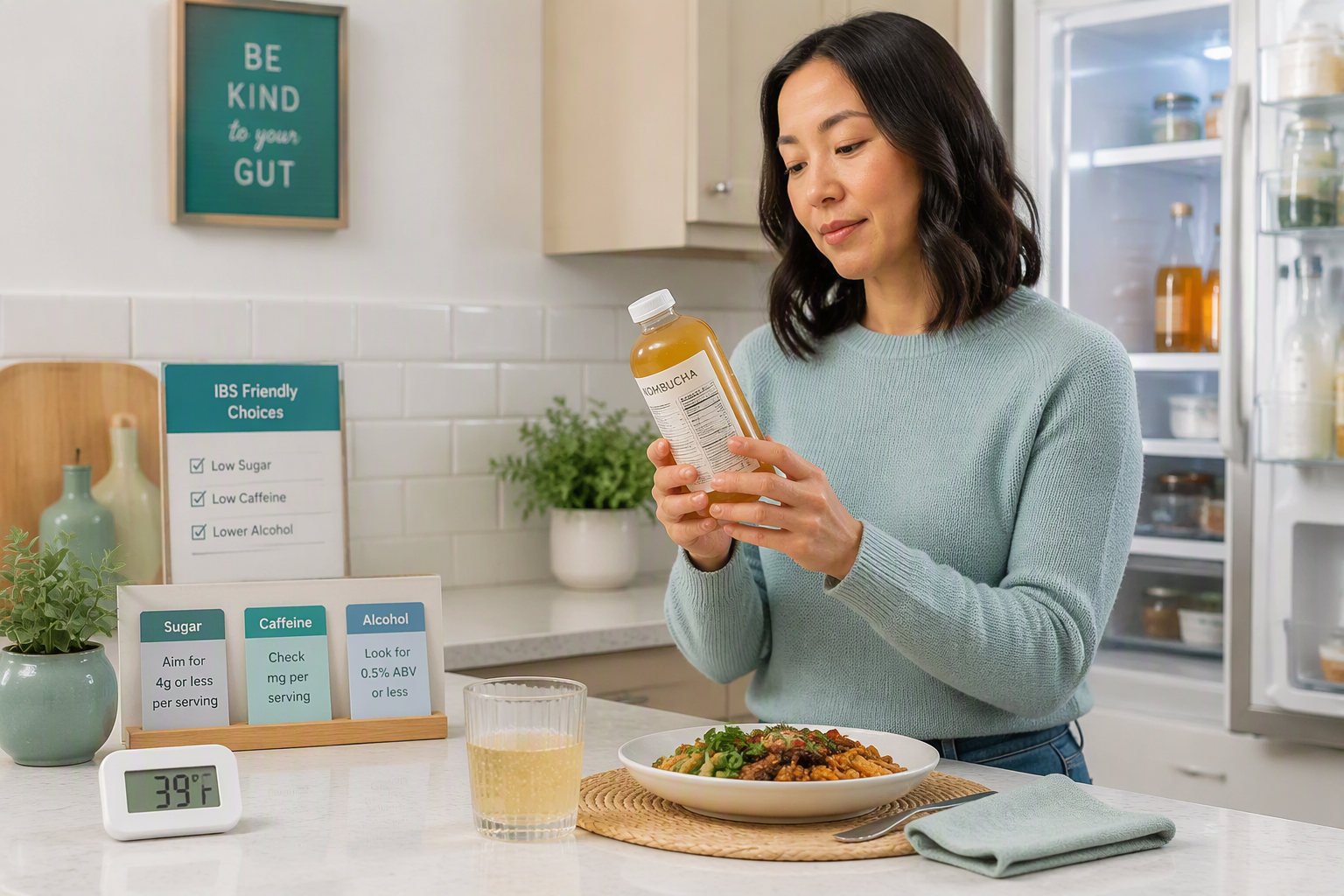 Adult checking kombucha sugar, caffeine, alcohol, and storage labels