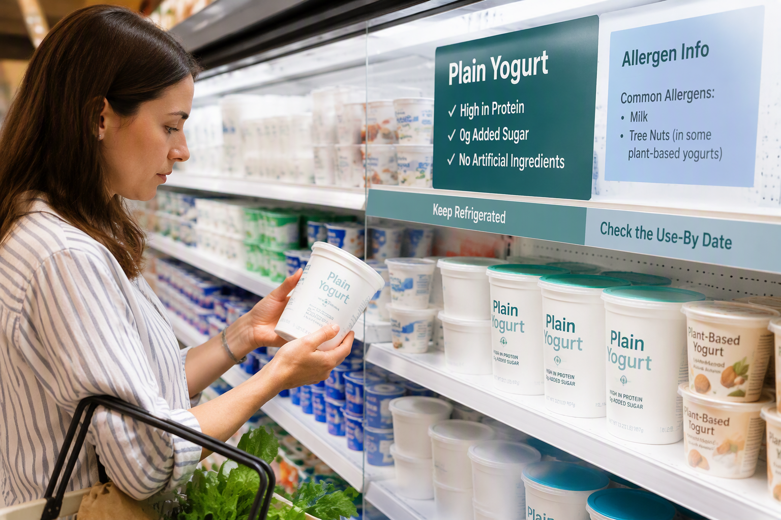 Choosing plain probiotic yogurt by checking sugar, ingredients, allergens, and storage