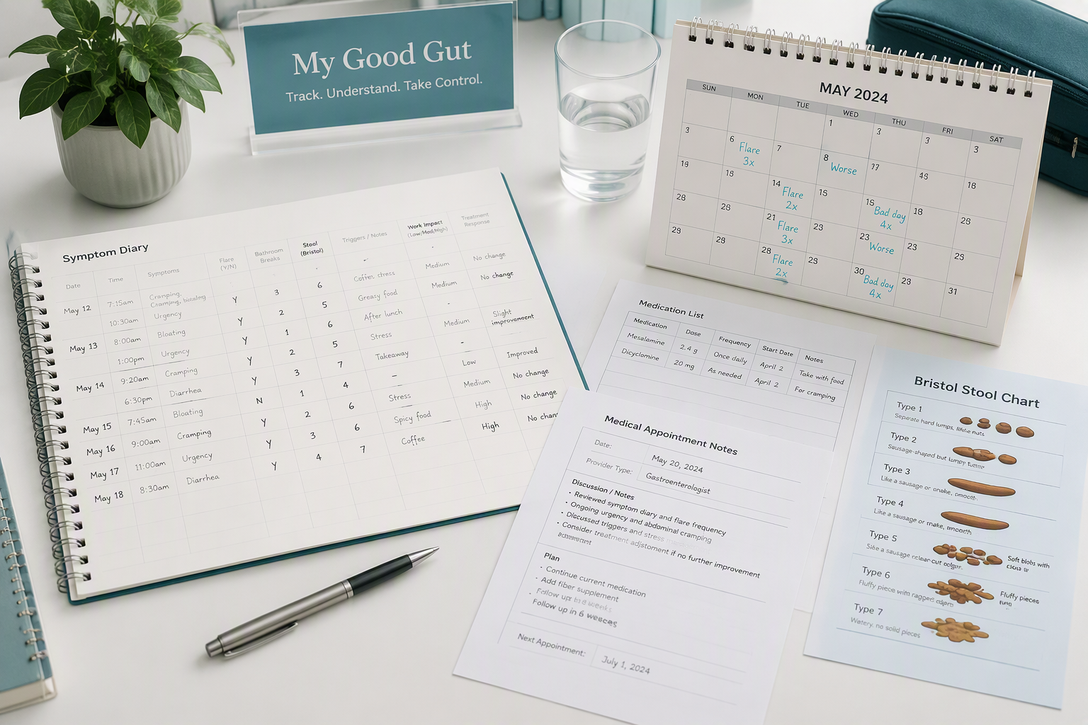 IBS disability claim documentation with symptom diary, medical records, and work notes