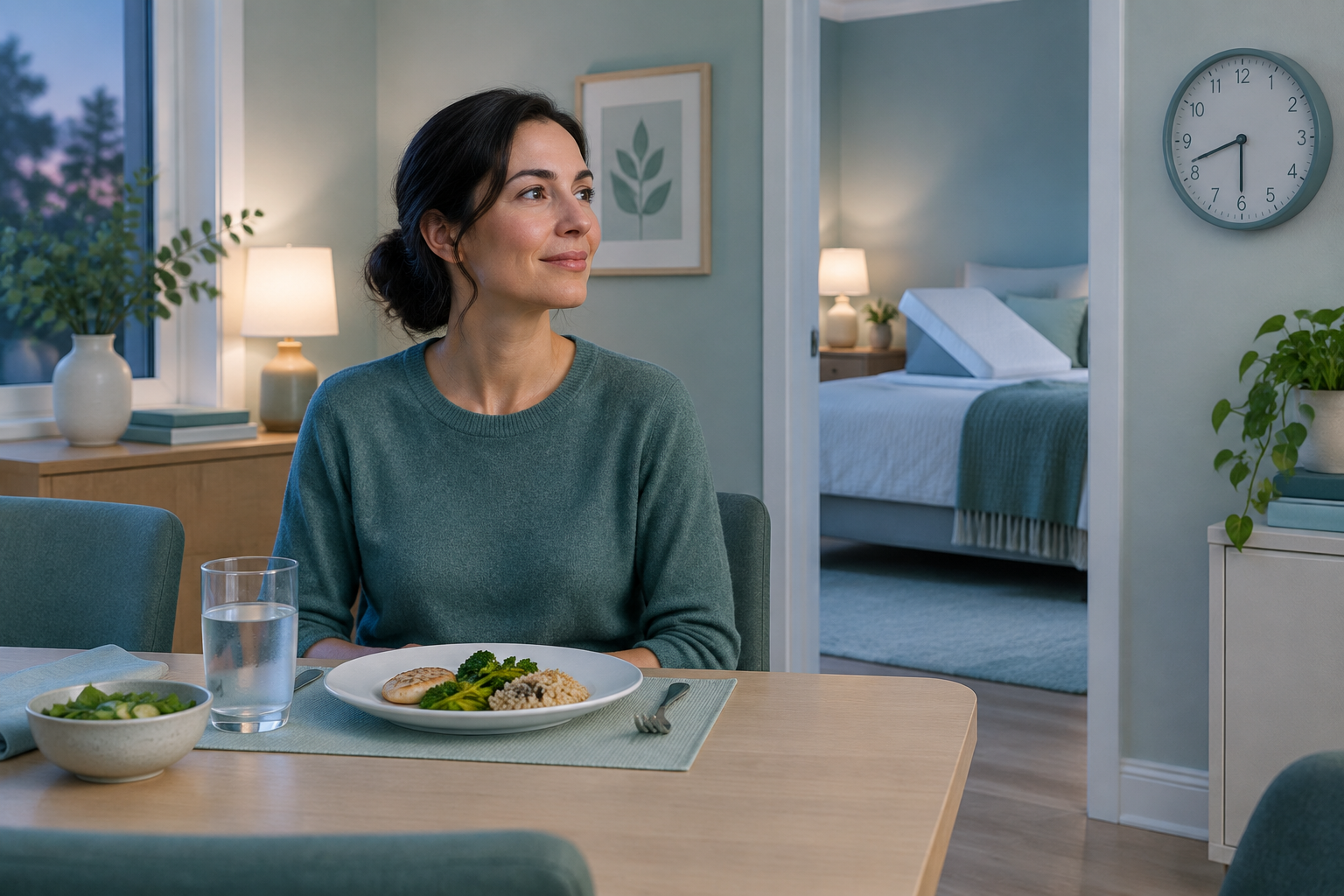 Reflux-friendly evening routine with an early light dinner and upright posture